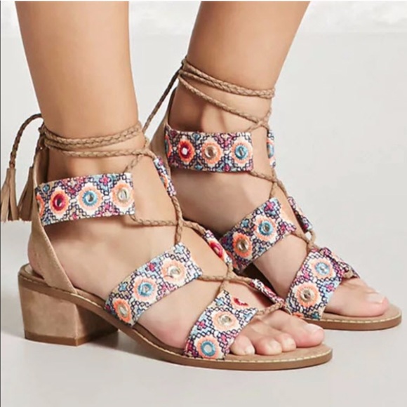 Forever 21 Shoes - NEW F21 Multicolored Ankle Tie Lace Up Block Heels